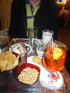 This is typical of many of the bars in Italy, and usually made up our second meal of the day. Here we ordered a "Hot White Chocolate" and an "Aperole; Spritz" and this is what arrived.... so generous