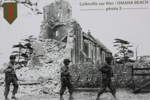 This is a picture a picture of the church at Omaha Beach taking during the war and following is a couple of picture of the church now