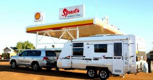 Filling up for fuel at $2.22 a litre at "Spuds Roadhouse" near Woomera where we camped the night. 