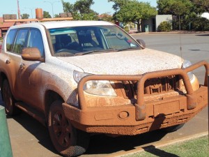 A typical Port Hedland car.... most people here are involved in the mining industry. Our car and caravan looks a bit like this at the moment. At least you would not get booked going through a speed camera. Can't read the number plate.